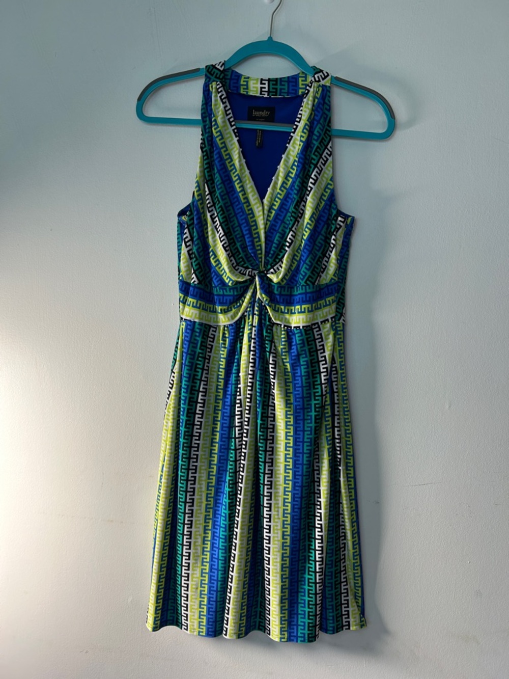 LAUNDRY by Shelli Segal Twist Front Geometric Dress Blue Green SZ 6